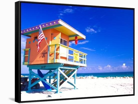 Life Guard Station, South Beach, Miami, Florida, USA-Terry Eggers-Framed Stretched Canvas