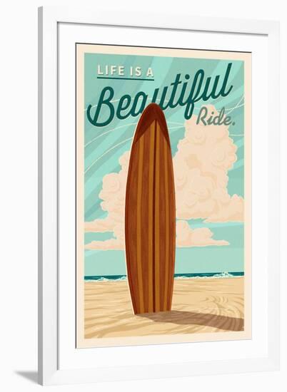 Life is a Beautiful Ride - Surfboard - Letterpress-Lantern Press-Framed Art Print