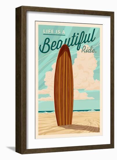 Life is a Beautiful Ride - Surfboard - Letterpress-Lantern Press-Framed Art Print