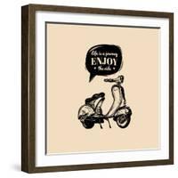 Life is a Journey, Enjoy the Ride Vector Typographic Poster. Hand Sketched Scooter Banner. Vector R-Vlada Young-Framed Art Print