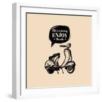 Life is a Journey, Enjoy the Ride Vector Typographic Poster. Hand Sketched Scooter Banner. Vector R-Vlada Young-Framed Art Print