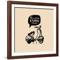 Life is a Journey, Enjoy the Ride Vector Typographic Poster. Hand Sketched Scooter Banner. Vector R-Vlada Young-Framed Art Print