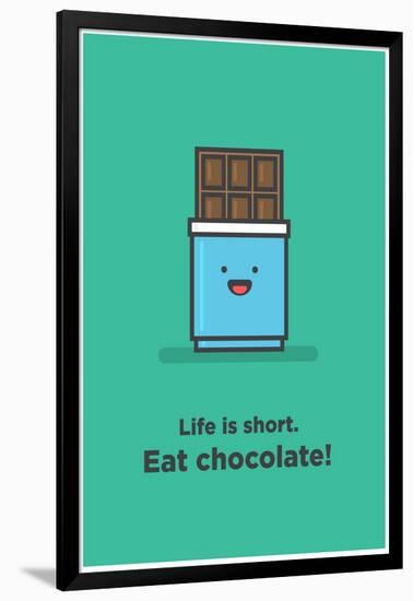 Life is Short. Eat Chocolate! (Line Art Vector Illustration in Flat Style Design)-Orange Vectors-Framed Art Print