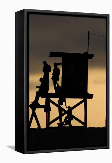 Lifeguard Tower and tourists on the beach, Laguna Beach, California, USA-null-Framed Stretched Canvas