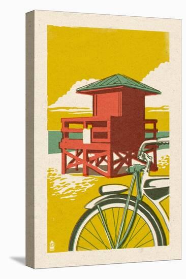 Lifeguard Tower - Woodblock-Lantern Press-Stretched Canvas