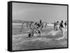 Lifeguards and Members of Womens Swimming Team Start Day by Charging into Surf-Peter Stackpole-Framed Stretched Canvas