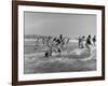 Lifeguards and Members of Womens Swimming Team Start Day by Charging into Surf-Peter Stackpole-Framed Photographic Print