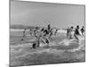 Lifeguards and Members of Womens Swimming Team Start Day by Charging into Surf-Peter Stackpole-Mounted Photographic Print