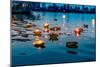 Light and Flower Offerings at Sunset on the River Ganges.-null-Mounted Art Print