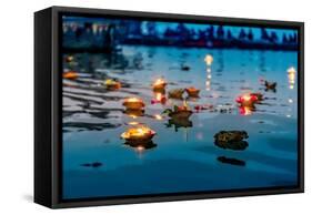Light and Flower Offerings at Sunset on the River Ganges.-null-Framed Stretched Canvas