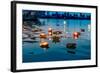 Light and Flower Offerings at Sunset on the River Ganges.-null-Framed Art Print