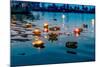 Light and Flower Offerings at Sunset on the River Ganges.-null-Mounted Art Print