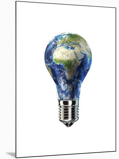 Light Bulb with Planet Earth Inside Glass, Africa and Europe View-null-Mounted Art Print