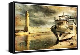 Light House In Rethimno Harbor - Artwork In Retro Style-Maugli-l-Framed Stretched Canvas