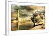 Light House In Rethimno Harbor - Artwork In Retro Style-Maugli-l-Framed Art Print