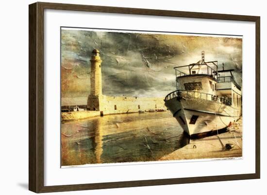 Light House In Rethimno Harbor - Artwork In Retro Style-Maugli-l-Framed Art Print