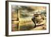 Light House In Rethimno Harbor - Artwork In Retro Style-Maugli-l-Framed Art Print