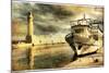 Light House In Rethimno Harbor - Artwork In Retro Style-Maugli-l-Mounted Art Print