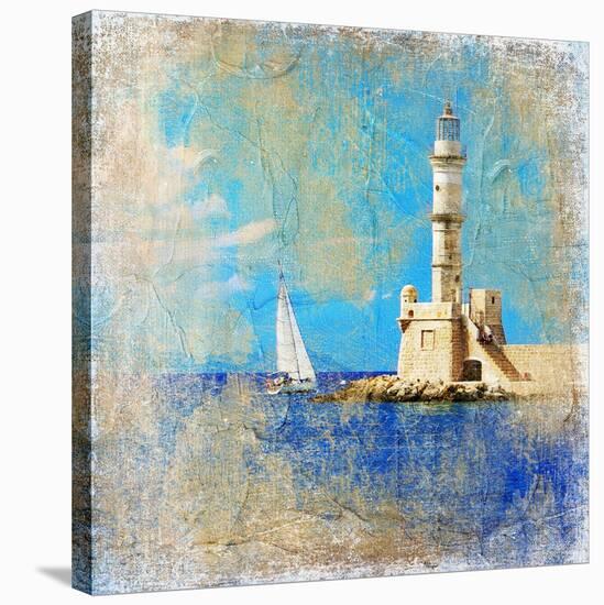 Light House With Yacht- Artistic Painting Style Picture-Maugli-l-Stretched Canvas