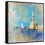 Light House With Yacht- Artistic Painting Style Picture-Maugli-l-Framed Stretched Canvas