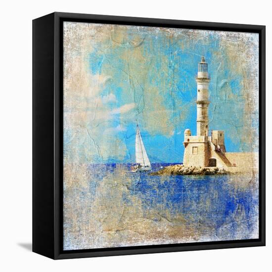Light House With Yacht- Artistic Painting Style Picture-Maugli-l-Framed Stretched Canvas