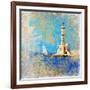 Light House With Yacht- Artistic Painting Style Picture-Maugli-l-Framed Premium Giclee Print