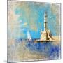 Light House With Yacht- Artistic Painting Style Picture-Maugli-l-Mounted Premium Giclee Print