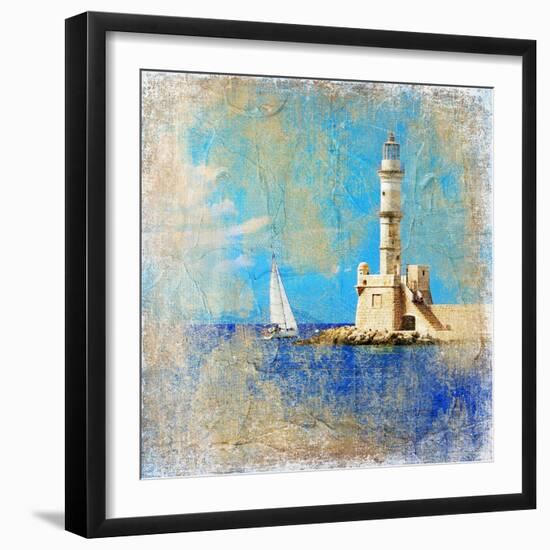 Light House With Yacht- Artistic Painting Style Picture-Maugli-l-Framed Art Print