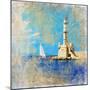 Light House With Yacht- Artistic Painting Style Picture-Maugli-l-Mounted Art Print