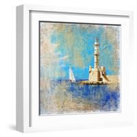 Light House With Yacht- Artistic Painting Style Picture-Maugli-l-Framed Art Print