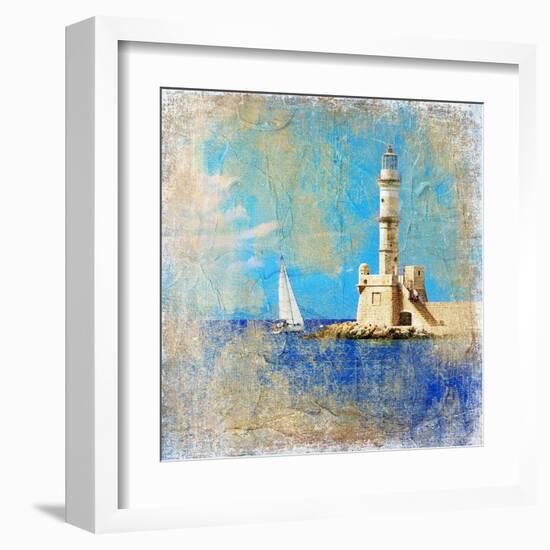 Light House With Yacht- Artistic Painting Style Picture-Maugli-l-Framed Art Print