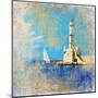 Light House With Yacht- Artistic Painting Style Picture-Maugli-l-Mounted Art Print