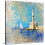 Light House With Yacht- Artistic Painting Style Picture-Maugli-l-Stretched Canvas