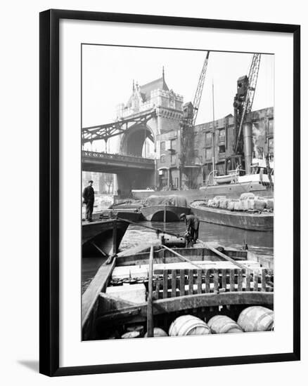 Lighters Approaching the General Steam Navigation Company's Wharf by Tower Bridge, London, C1905-null-Framed Premium Photographic Print