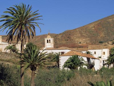 Palm Trees, Houses and Church at Betancuria, on Fuerteventura in the Canary Islands, Spain, Europe
