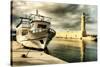 Lighthouse and Boat in Old Port of Rethimno- Artistic Toned Picture-Maugli-l-Stretched Canvas