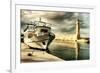 Lighthouse and Boat in Old Port of Rethimno- Artistic Toned Picture-Maugli-l-Framed Art Print