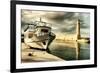 Lighthouse and Boat in Old Port of Rethimno- Artistic Toned Picture-Maugli-l-Framed Art Print