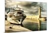 Lighthouse and Boat in Old Port of Rethimno- Artistic Toned Picture-Maugli-l-Mounted Art Print