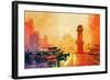 Lighthouse and Fishing Boat at Sunset,Oil Painting Style-Tithi Luadthong-Framed Art Print