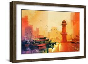 Lighthouse and Fishing Boat at Sunset,Oil Painting Style-Tithi Luadthong-Framed Art Print