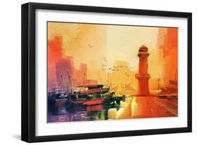 Lighthouse and Fishing Boat at Sunset,Oil Painting Style-Tithi Luadthong-Framed Art Print