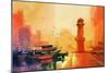 Lighthouse and Fishing Boat at Sunset,Oil Painting Style-Tithi Luadthong-Mounted Art Print