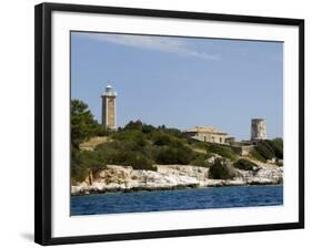 Lighthouse and Old Ruined Lighthouse, Fiskardo, Kefalonia (Cephalonia), Greek Islands, Greece-Robert Harding-Framed Photographic Print