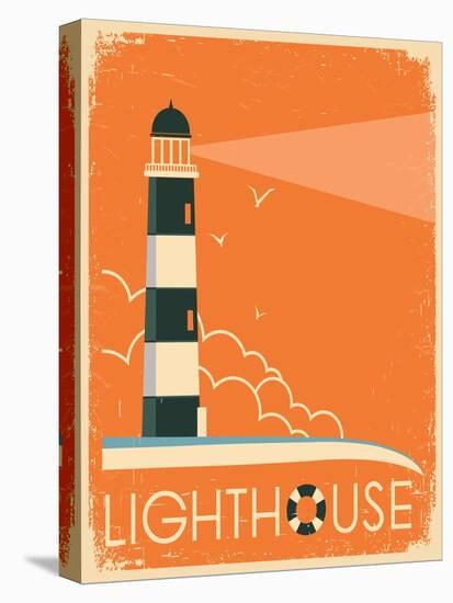 Lighthouse and Sky on Old Poster Texture.Vector Vintage Illustration-Tancha-Stretched Canvas