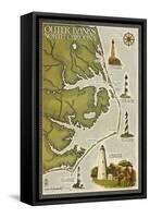 Lighthouse and Town Map - Outer Banks, North Carolina-Lantern Press-Framed Stretched Canvas