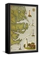 Lighthouse and Town Map - Outer Banks, North Carolina-Lantern Press-Framed Stretched Canvas