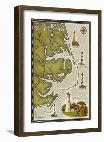 Lighthouse and Town Map - Outer Banks, North Carolina-Lantern Press-Framed Art Print