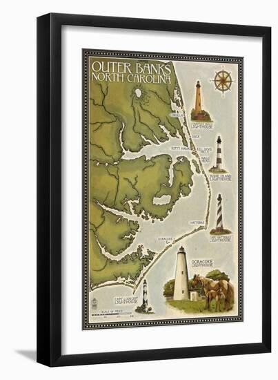 Lighthouse and Town Map - Outer Banks, North Carolina-Lantern Press-Framed Art Print