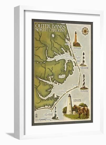 Lighthouse and Town Map - Outer Banks, North Carolina-Lantern Press-Framed Art Print